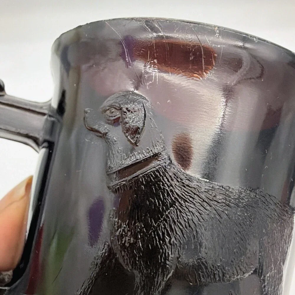 Antique EAPG Black Amethyst Glass Child's Mug Stein Embossed Dog Retriever